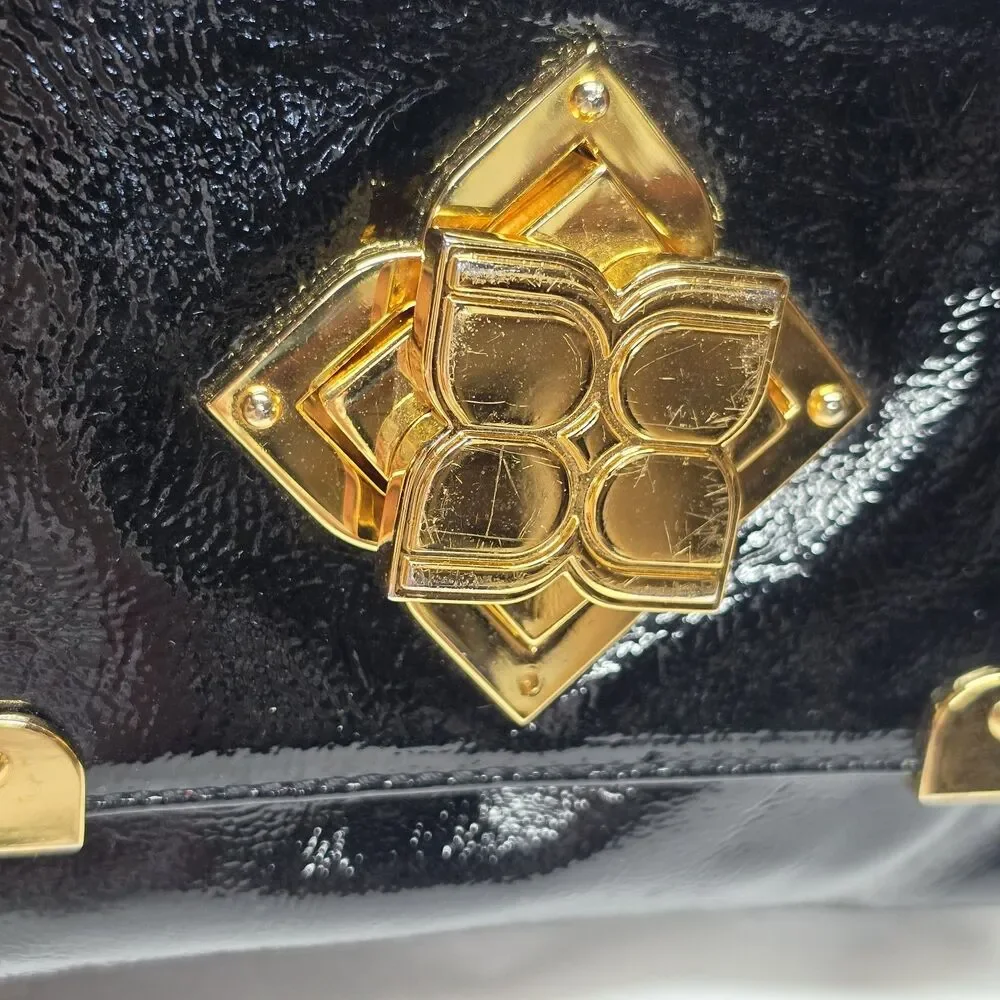 BCBGMaxAzria Black Patent Leather Clutch Evening Bag Gold Hardware Party Prom